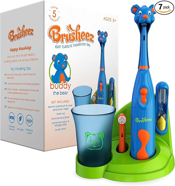 Brusheez Kids’ Electric Toothbrush Set - Safe & Effective for Ages 3+ - Parent Tested & Approved with Gentle Bristles, 2 Brush Heads, Rinse Cup, 2-Minute Timer, & Storage Base (Buddy The Bear)