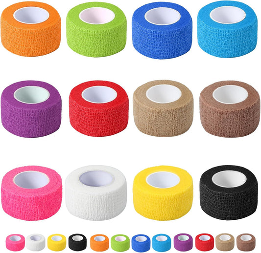 12 Pack Self Adhesive Bandage Wrap, 1 in x 5 Yards Non-Woven Self Adherent Cohesive Bandage, Vet Wrap Wound Tape for Thumb Finger Wrist Knee Ankle, Mix Colors