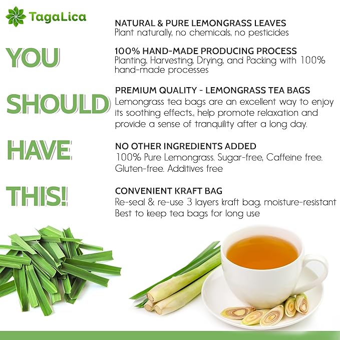 135 Lemongrass Tea Bags, 100% Natural & Pure Lemongrass leaves, Eco-Conscious Tea Bags, Lemongrass Herbal Tea. Lemongrass Leaf Tea. No Sugar, No Caffeine, No Gluten, Vegan.