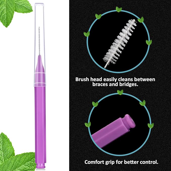 Patelai 50 Pieces Interdental Brush for Cleaner Braces Brush Toothpick Dental Tooth Flossing Head Oral Dental Hygiene Flosser Toothpick Cleaners Tooth Cleaning Tool(Purple)