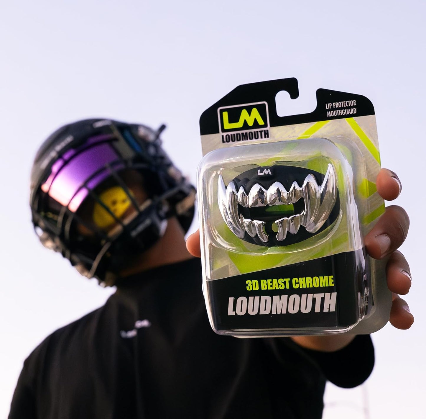 Loudmouth Football Mouth Guard - 3D Chrome Beast Football Mouthpiece, Fits Adult & Youth Ages 5+, Accessories Mouth Guard (3D Beast - Chrome Black/Silver)