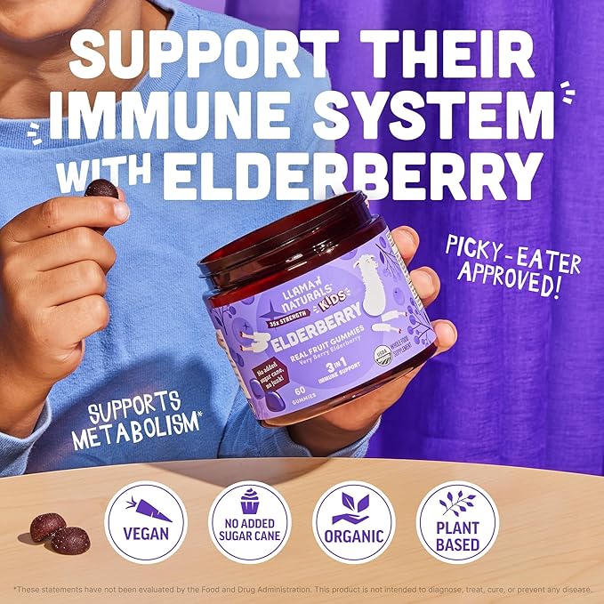 Llama Naturals Elderberry Gummies for Kids, Vegan, Organic Immune Support Supplement with Vitamin C and Zinc, Toddler Real Fruit Gummy Vitamins for Immunity, Chewable, No Added Sugar Cane, 120 Ct