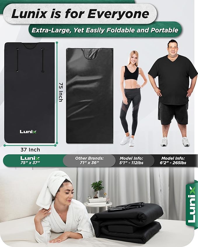 Lunix LX17 Infrared Sauna Blanket for Home, Portable Sauna for Detox, Pain Relief & Recovery, Adjustable 77–176°F Far Infrared Heat with Head Pillow, Detox Wrap & Hot Cold Gel Pack – Jet Black