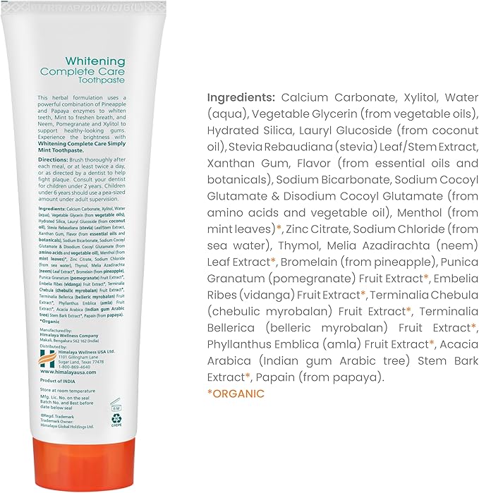 Himalaya Botanique Whitening Complete Care Toothpaste, Teeth Whitening, Fights Plaque, Fluoride Free, No Artificial Flavors, SLS Free, Cruelty Free, Foaming, Simply Mint Flavor, 5.29 Oz, 4 Pack