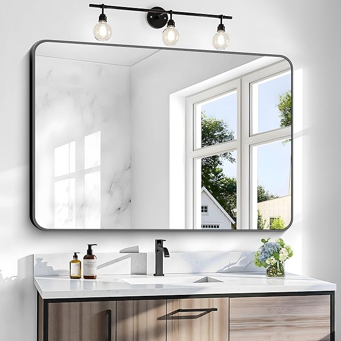 36x48 inch Bathroom Mirror,Black Rectangle Mirror,Wall Mounted Bathroom Frame Vanity Mirror with Round Corner for Bedroom Living Room, Entryway Hangs Horizontal or Vertical