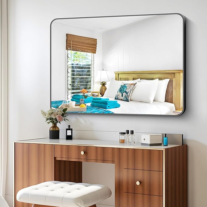 36x48 inch Bathroom Mirror,Black Rectangle Mirror,Wall Mounted Bathroom Frame Vanity Mirror with Round Corner for Bedroom Living Room, Entryway Hangs Horizontal or Vertical