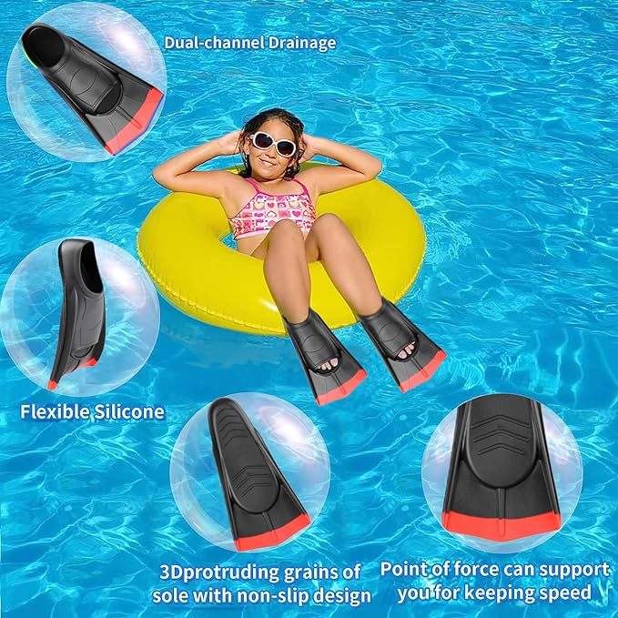 Kids Swim Fins,Short Comfortable Flippers for Lap Swimming and Training for Child,Girls,Boys,Beginners
