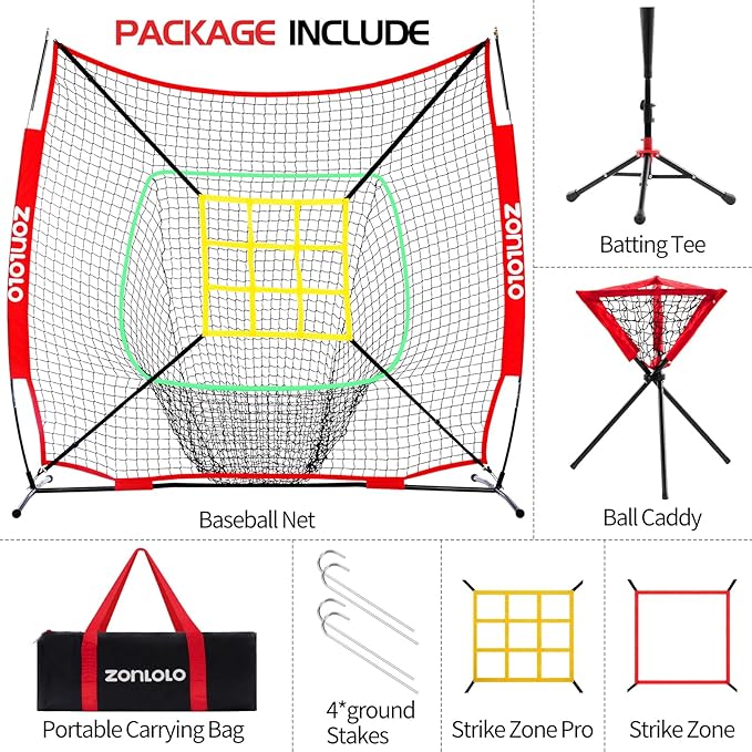 6x6ft Portable Baseball & Softball Net for Hitting，Pitching and Throwing, with Sturdy Bow Frame,Battting Tee,Ball Caddy and 2 Strike Zones, Perfect Pitching net for Kids!