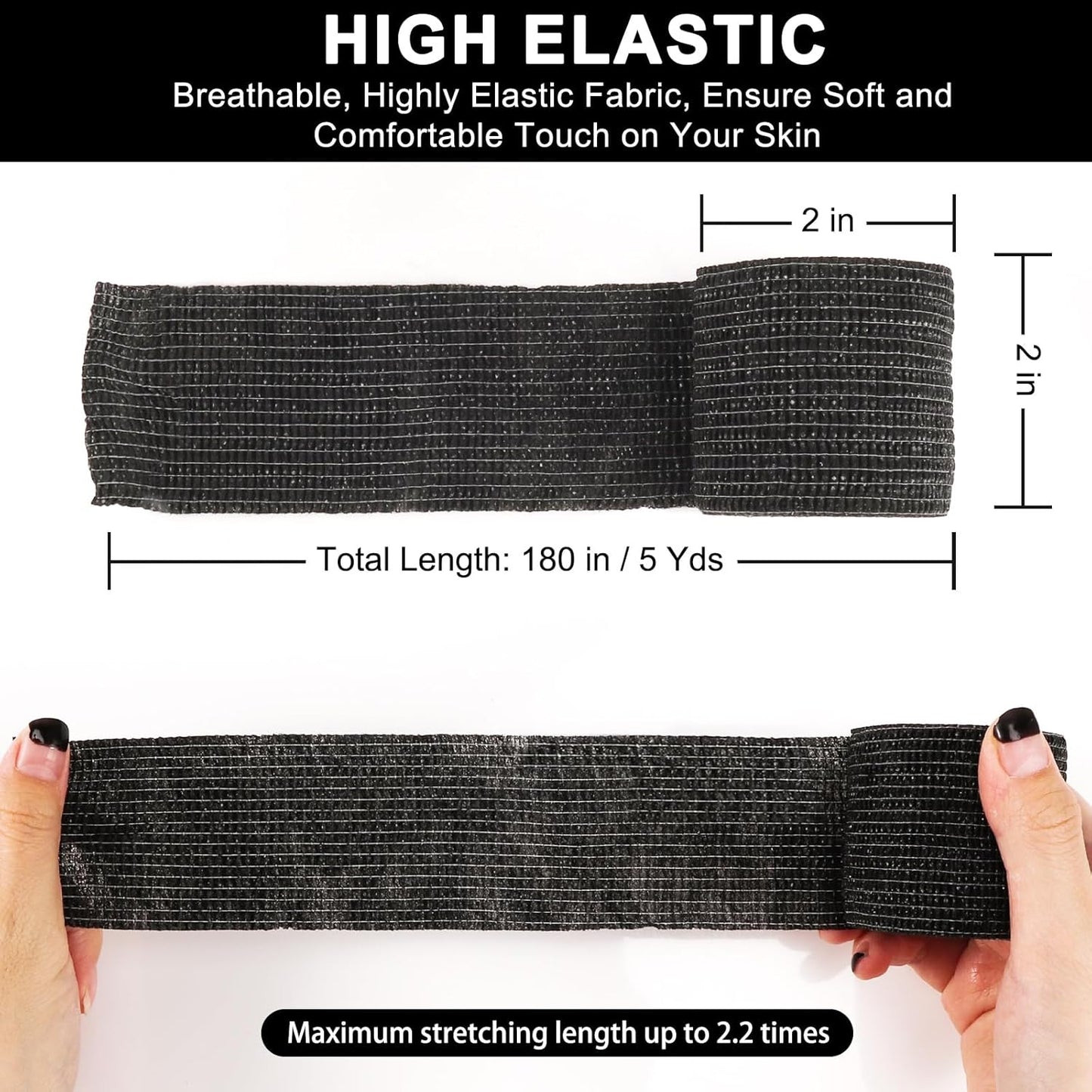 48 Pack Self Adhesive Bandage Wrap, 2” x 5 Yards Cohesive Medical Tape Elastic Grip Tape Black Sports Tape Athletic for Ankle, Wrist Sprains, Pet First Aid (Black)