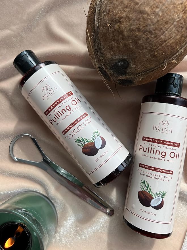 PRANA Coconut Pulling Oil Mouthwash with Tongue Scraper- Ayurvedic Oils for Clean Rinse with Coconut Oil & Clove & improving Teeth & Gum Health - Teeth Pulling Oil Keeps Your Mouth Refreshed- 237ml