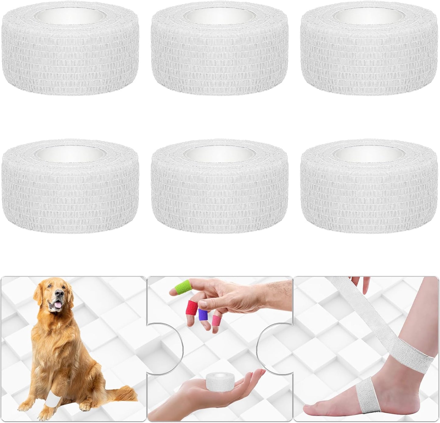 6 Pack 1 Inches Self Adhesive Bandage Wrap Breathable Cohesive Bandage Elastic Tape for Pets, Athletic, Sports, Wrist, Knee, Ankle(5 Yards Per Roll, White)