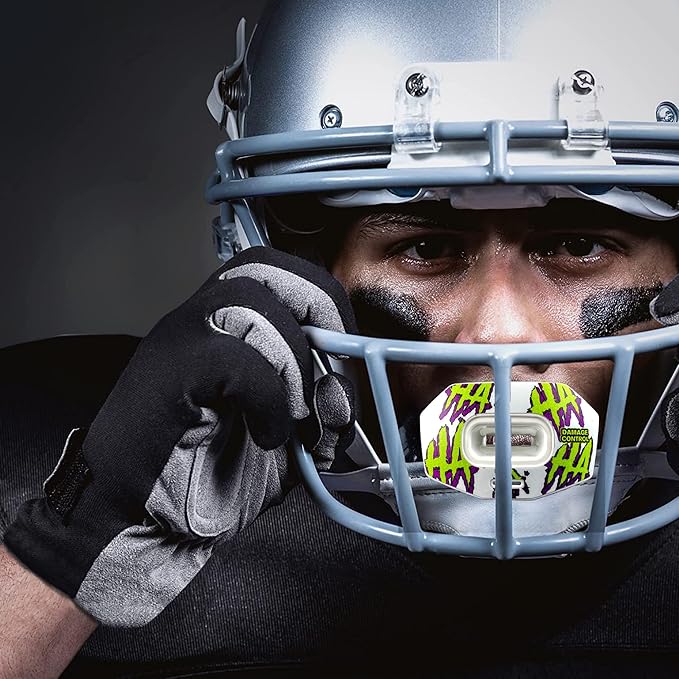 DAMAGE CONTROL Youth Football Mouth Guard – Breathable No Boil Mouthpiece, Protects Lips & Teeth, Works with Braces, Includes Helmet Strap – Sports Gear & Accessories (HA HA HA)