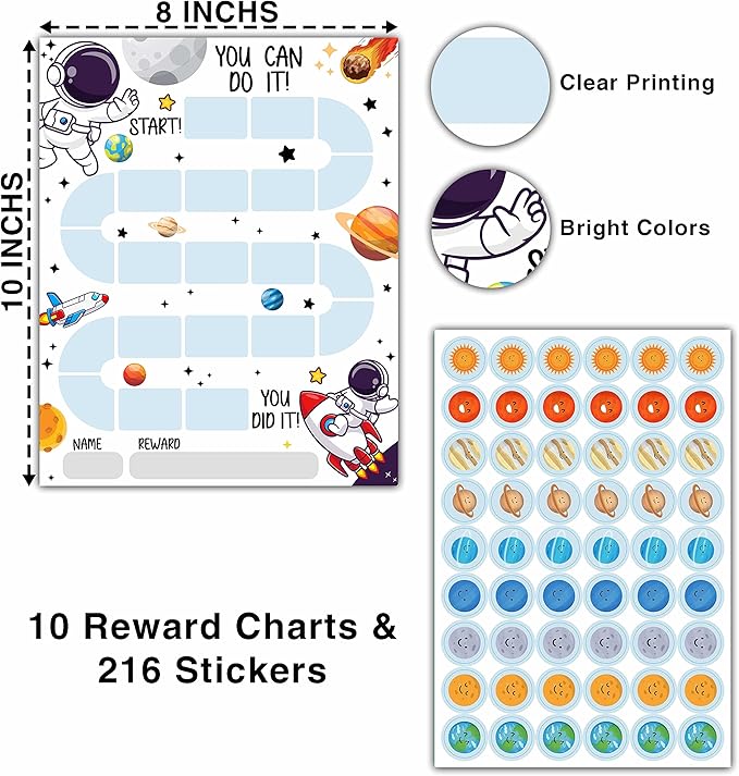 10 Outer Space Astronaut Reward Chart with 216 Round Stickers, Incentive Behavior Chart for Kids at Home Classroom, Kids Routine Daily Chore Sticker Chart-A18