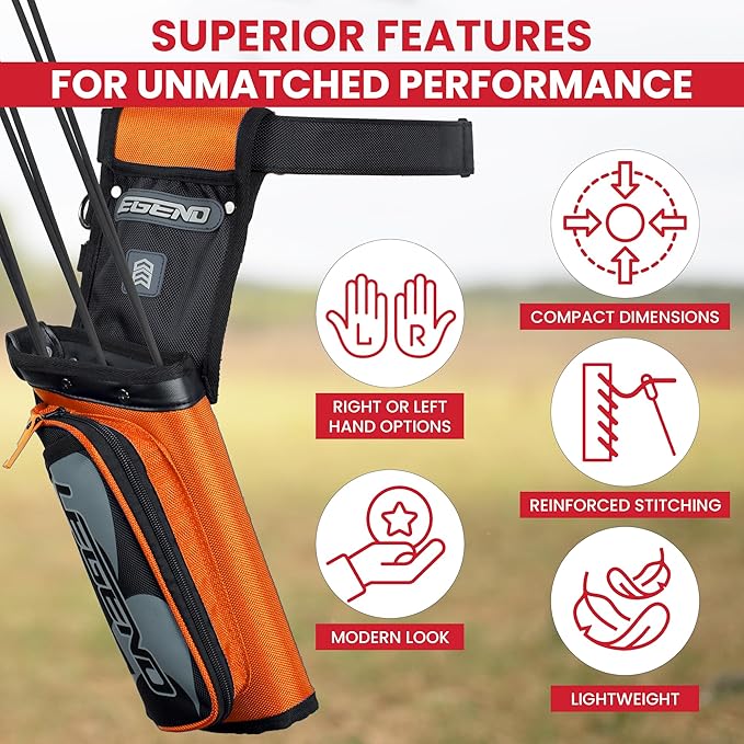 Legend XT420 Field Quiver - Left or Right-Handed Quiver Arrow Holder, Archery Quiver with 3 Arrow Tube, Durable Nylon Hip Quivers with Multiple Pockets for Archery Accessories, Score Card & Tools