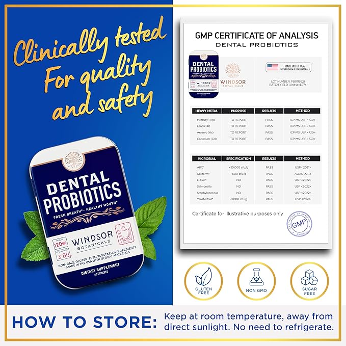 Dental Probiotics for Teeth and Gums - Oral Probiotics for Mouth Bad Breath - 3BN CFU Lactobacillus Salivarius Tablets Paracasei Rhamnosus Streptococcus - 90 Chewable Dental Probiotic in Travel Tins