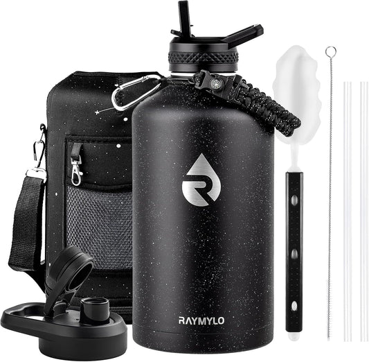 128oz Insulated Water Bottle, Triple Wall Vacuum Stainless Steel Water Bottles - Keeps Cold 48H, Reusable One Gallon Flask Jug for Gym, Sports, Camping, Hiking,Travel, Black Speckled