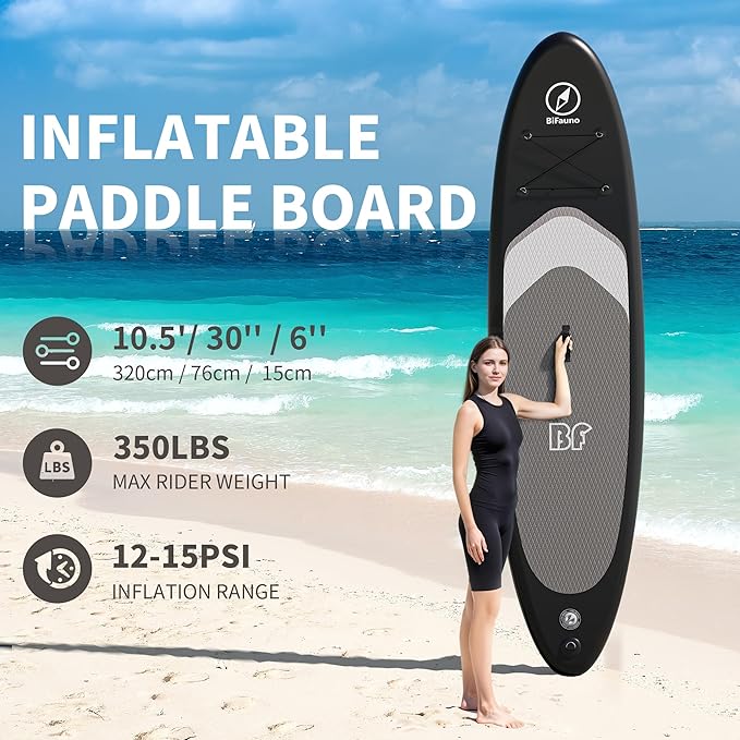 Inflatable Stand Up Paddle Board with SUP Accessories & Backpack. Paddle Boards for Adults. Non-Slip Deck, Wide Stance, Bottom Fin, Double Action Pump.