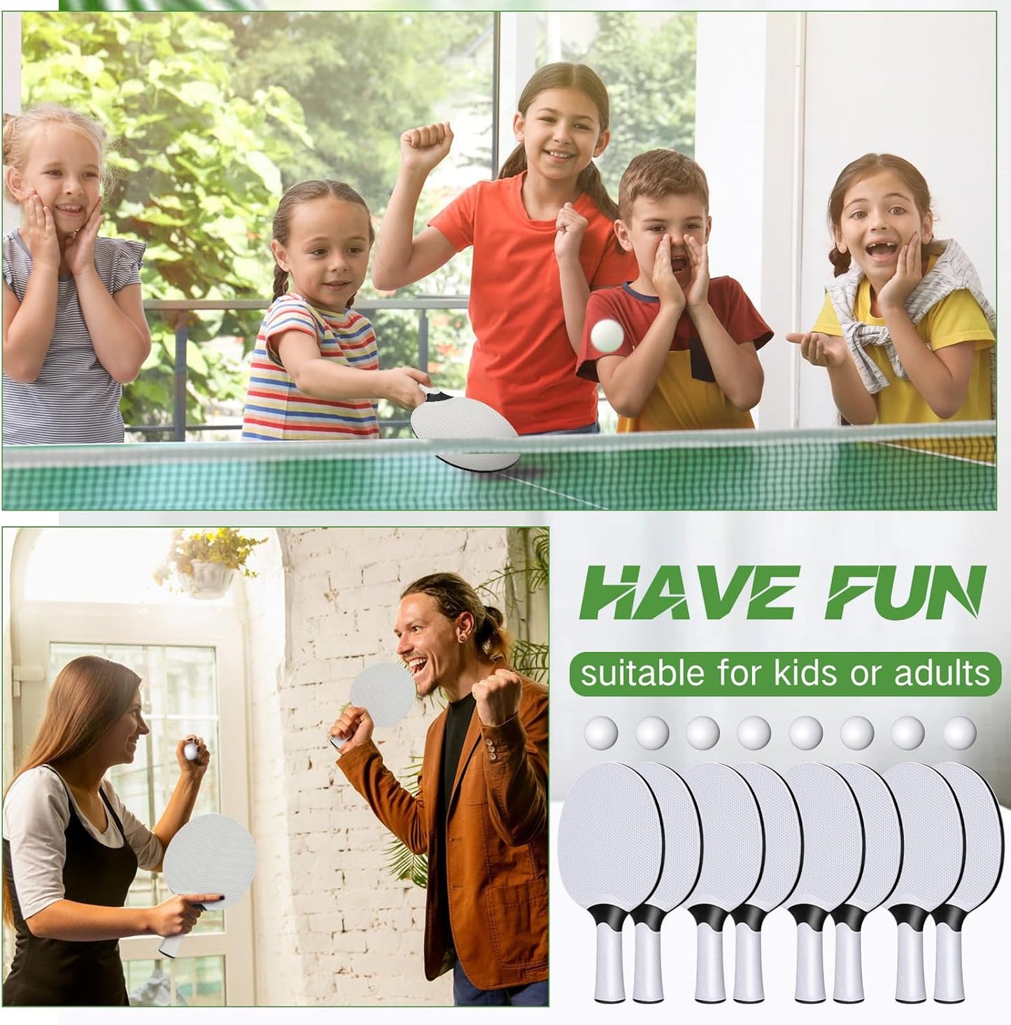 Junkin 8 Pieces Table Tennis Paddles Kit Professional Rackets Set Portable Composite Rubber Table Tennis Racquets with 8 Balls for Indoor and Outdoor