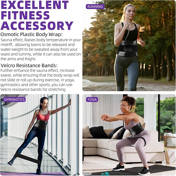 4 Rolls 60 Meters Black Osmotic Plastic Body Wrap Exercise & Fitness Sweat Enhancer Anti-Shedding Yoga Training Band Set, DIY Sauna Wrap Pilates Workout