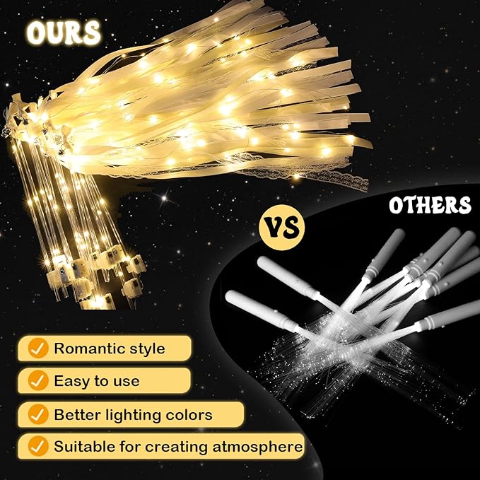 100 Pcs Wedding Wands Ribbon with 3 Colorful Flashing Modes, Light up LED Silk Fairy Wands, Glow Lace Stick with Bells for Wedding Reception, Graduation, New Year, Birthday Party (Warm White)
