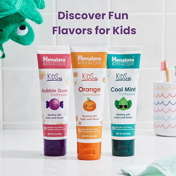 Himalaya Botanique Kids Toothpaste, Herbal, Bubble Gum Flavor, Fights Plaque, Fluoride Free, Gentle, No Artificial Flavors or Colors, SLS Free, Gluten Free, Cruelty Free, Vegan, Foaming, 4 Oz, 2 Pack