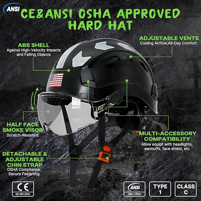 AOLAMEGS Construction Safety Hard Hat - ANSI Z89.1 Type Ι OSHA Approved Safety Helmets with Chin Straps Lightweight Reflective Vented ABS Hard Hats For Men Women Industrial Workwear 6-point Suspension
