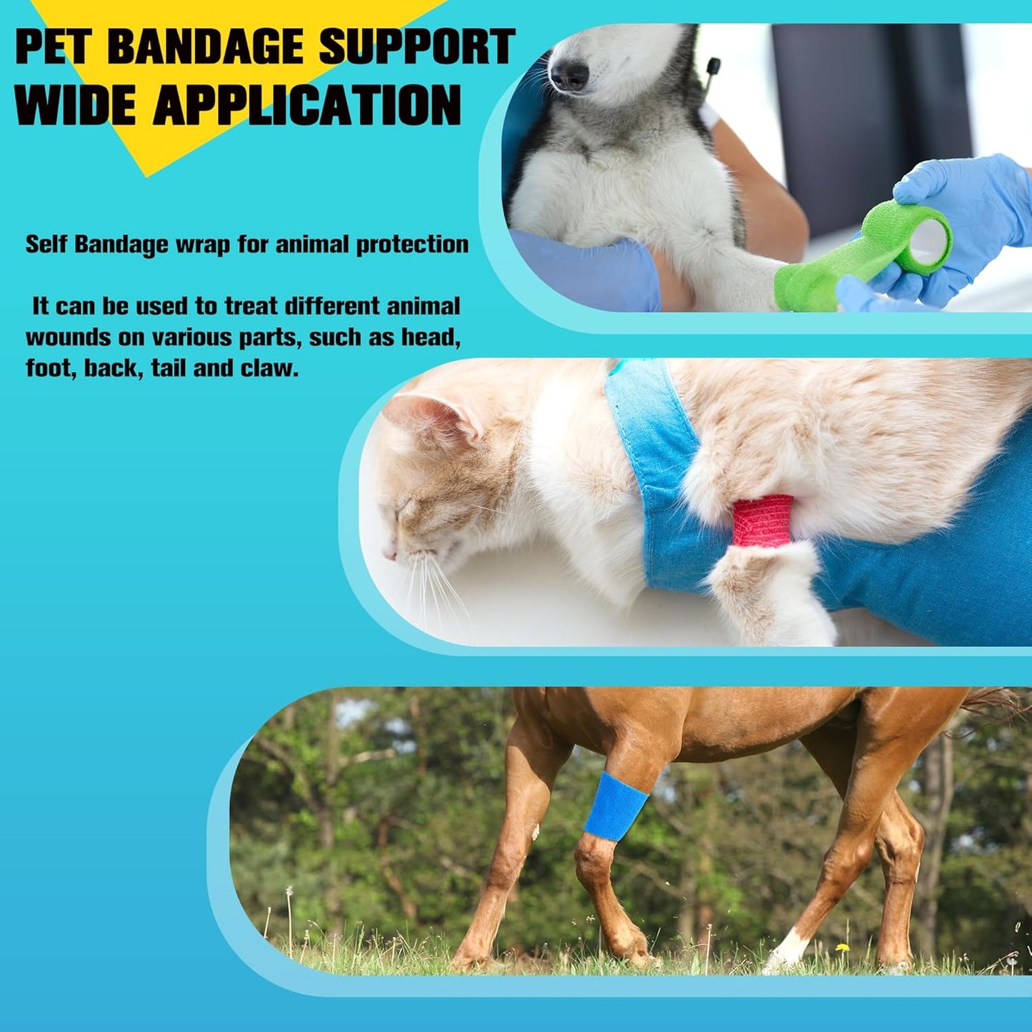 4 Pack Self Adhesive Bandage Wrap, 6 in x 5 Yards Non-Woven Self Adherent Cohesive Bandage, Vet Wrap Wound Tape for Thumb Finger Wrist Knee Ankle, Skin