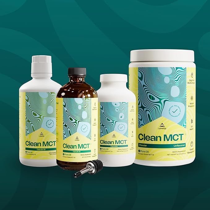 LevelUp Clean MCT Oil - 100% Caprylic C8 for Energy, Focus, Gut Health, Brain Superfuel - Keto Supplement for Ketogenic Coffee and Ketones - Non-GMO (32 oz Glass Bottle)