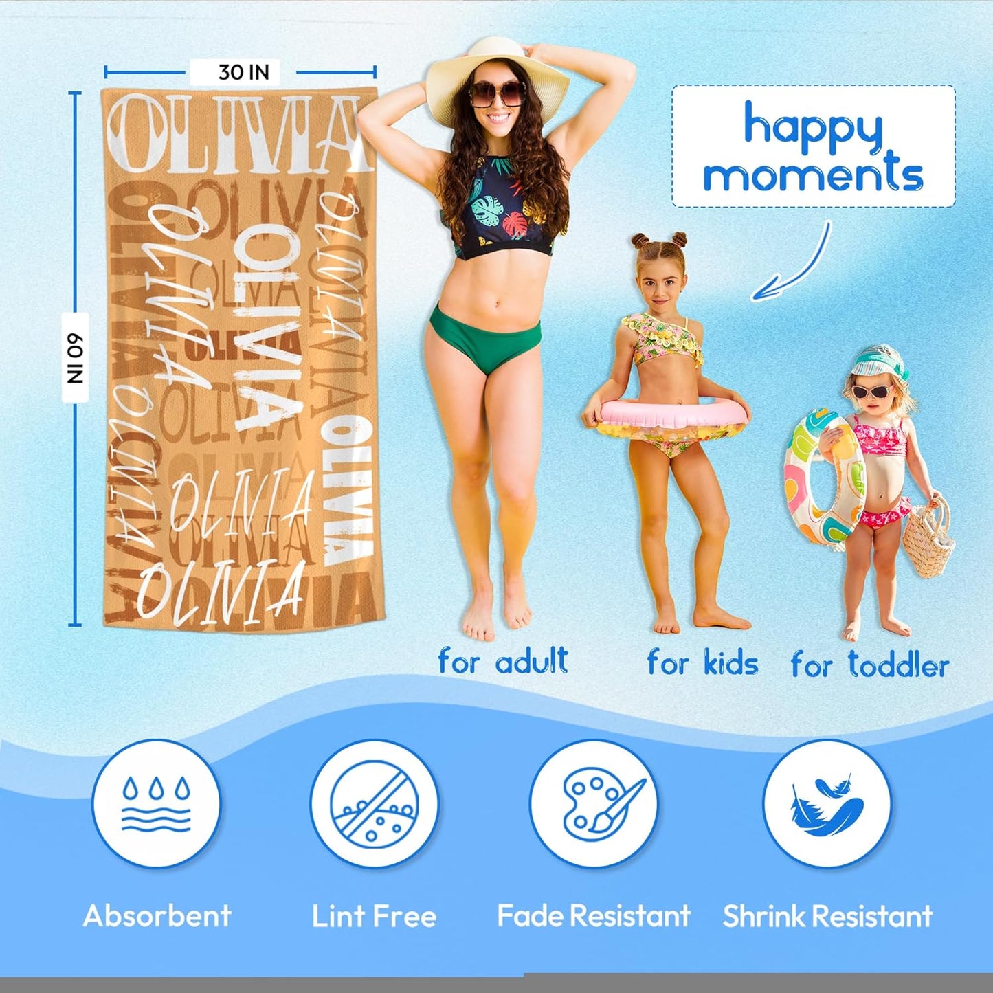 JML Personalized Beach Towel with Name, Custom Beach Towel with Name, Customized Microfiber Pool Towel, Quick Dry & Absorbent Swim Towel for Adult,Anniversary, Birthday, Summer Holiday,Vacation