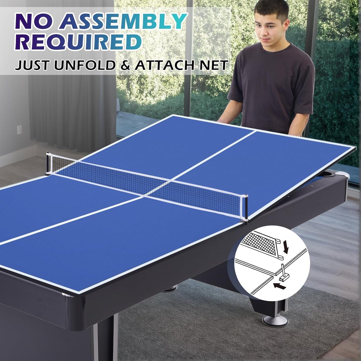 7FT Ping Pong Table Top with Net Set for Pool Table, Foldable Ping Pong Table Topper, Portable Table Tennis Conversion Top Includes Foam Padding for Protection, Easy Conversion