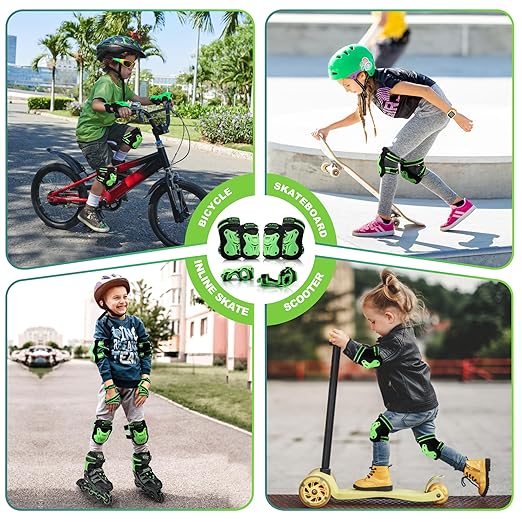 2PM SPORTS Knee Pads for Kids, Wrist Guards Knee and Elbow Pads Set with Drawstring Bag, Protective Gear Set for Girls Boys Roller Skating Cycling Skateboard - Green Small
