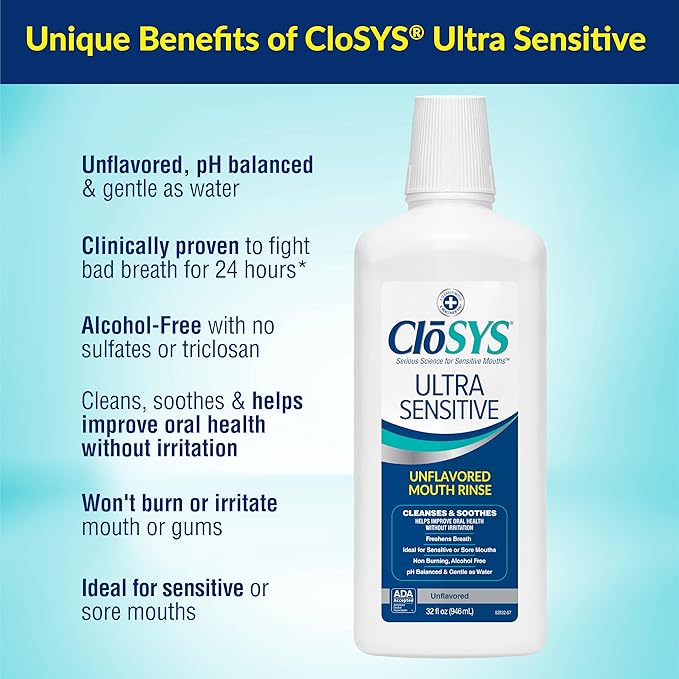 CloSYS Ultra Sensitive Mouthwash, Unflavored Alcohol Free, Dye Free, pH Balanced, Helps Soothe Entire Mouth - 32 Oz (Pack of 3)