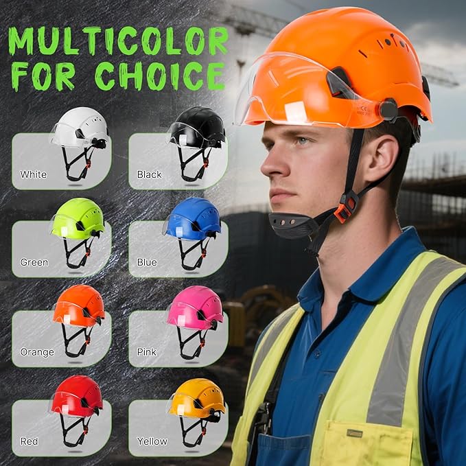 AOLAMEGS Construction Vented Hard Hats -Adjustable Vented Hard Hat with Visor for Men Women ABS Safety Helmet 6-Point Suspension Work Hardhats for Outdoor Height Industrial (Orange Clear Visor)