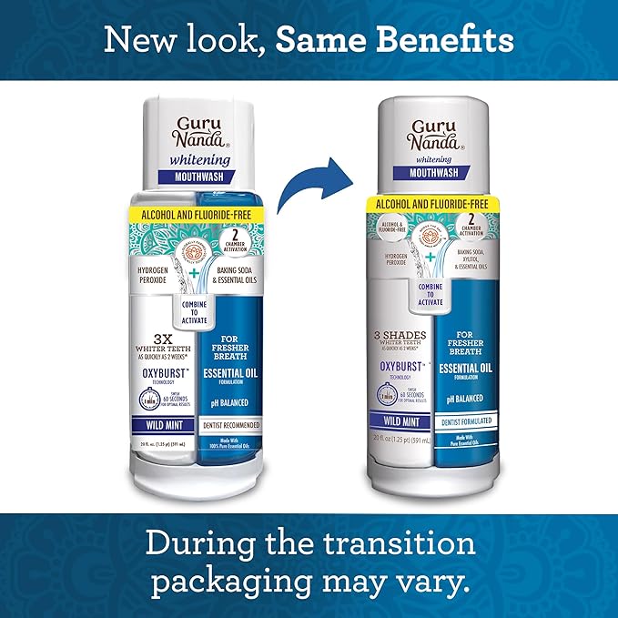 GuruNanda Teeth Whitening Dual Barrel Oxyburst Mouthwash - Alcohol & Fluoride Free, Hydrogen Peroxide to Promote Whiter Teeth - Wild Mint - 3x20 Fl Oz