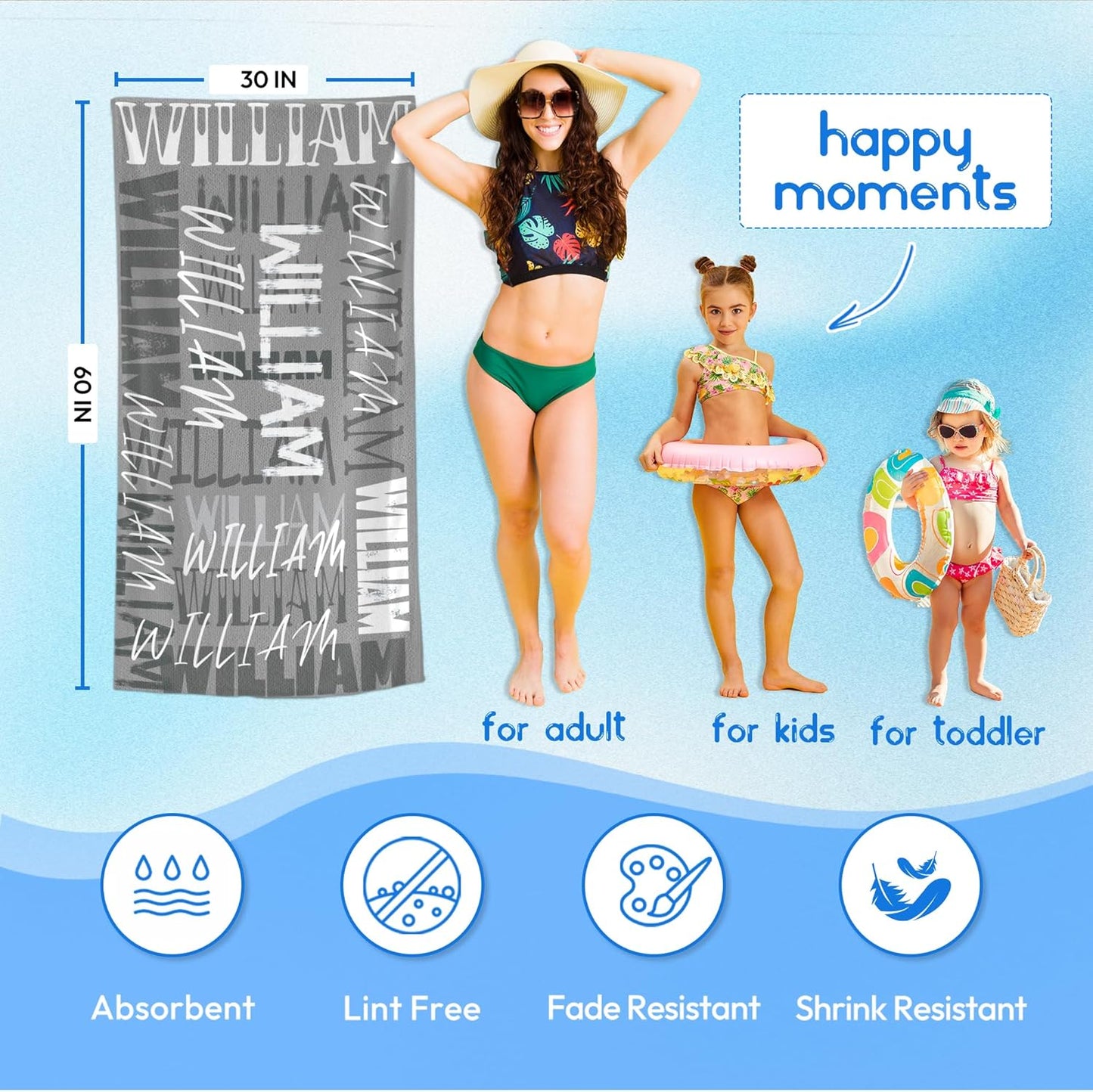 JML Personalized Beach Towel with Name, Custom Beach Towel with Name, Customized Microfiber Pool Towel, Quick Dry & Absorbent Swim Towel for Adult,Anniversary, Birthday, Summer Holiday,Vacation