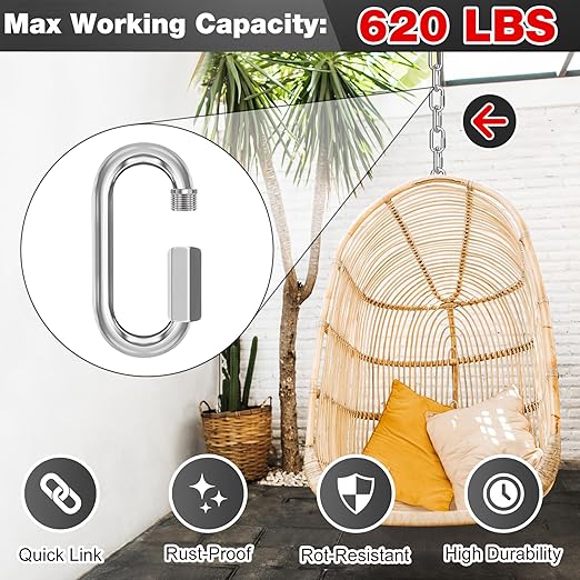 M6-50 Pack 2.3” Quick Links Chain Connectors, 1/4″ Galvanized Chain Locking Carabiners Hooks, 620LBS Heavy Duty Thread Quick Link Clips, Twist Oval Keychain D Shape for Swing, Camping
