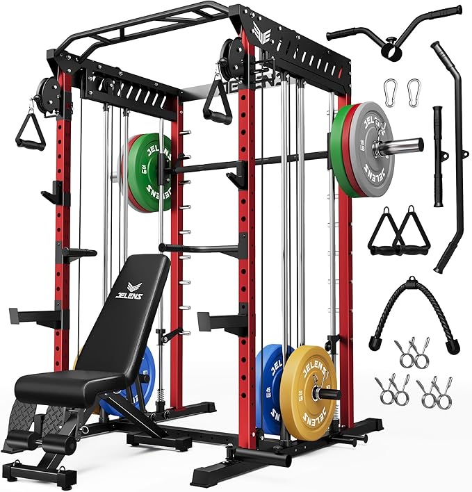M21 Smith Machine, Multi-Function Power Cage with Dual Pulley Cable Crossover System, 2000LBS All-in-One Squat Rack with Smith Bar and Attachments