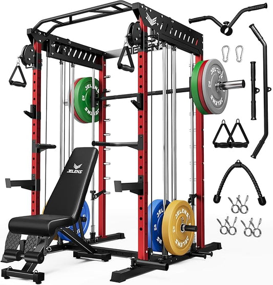 M21 Smith Machine, Multi-Function Power Cage with Dual Pulley Cable Crossover System, 2000LBS All-in-One Squat Rack with Smith Bar and Attachments