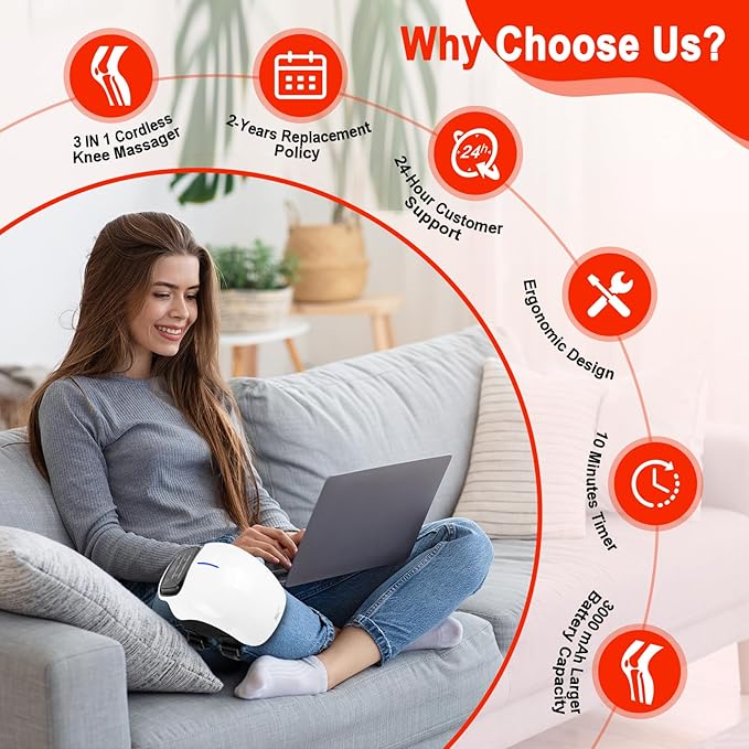 3-in-1 Cordless Knee Massager w/Heat, Red Light & Massage for Knee Pain, Infrared Heat & Vibration, Portable Wireless Knee Heating Pad w/LED Screen for Family and Friends