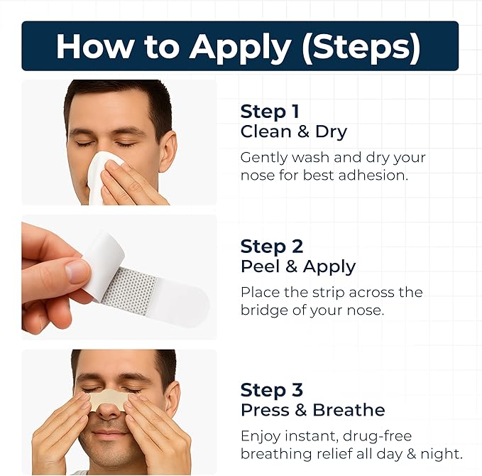 TapeGeeks Nasal Strips for Snoring Relief – Hypoallergenic Nose Strips for Breathing – Strong Hold, Gentle on Skin, Latex-Free, 30 Count