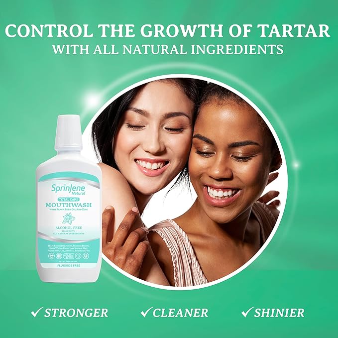 SprinJene Alcohol Free Mouthwash with Xylitol – Fluoride Free Natural Mouthwash for Dry Mouth, Whitening & Fresh Breath – Patented Black Seed Oil & Zinc Formula – Vegan & Made in The USA (1 Pack)