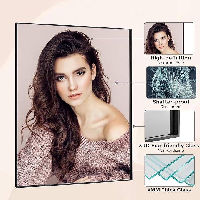 36x48 Inch Black Bathroom Mirror for Wall, Aluminum Frame Rectangle Rectangular Vanity Mirror, Modern Large for Bedroom, Living Room, Horizontal or Vertical