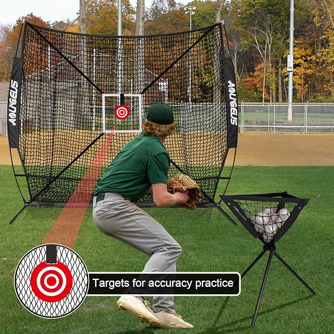 6'X6' Baseball Softball Practice Net with Batting Tee and Ball Caddy, Bonus Strike Zone Target and Bow Frame, for Hitting, Pitching, Catching