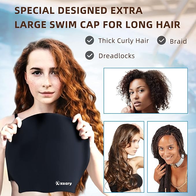 Keary Extra Large Swim Cap for Braids and Dreadlocks Extensions Weaves Long Hair, Waterproof Silicone Cover Ear Bath Pool Shower Swimming Cap for Adult Youth to Keep Hair Dry, Easy to Put On and Off