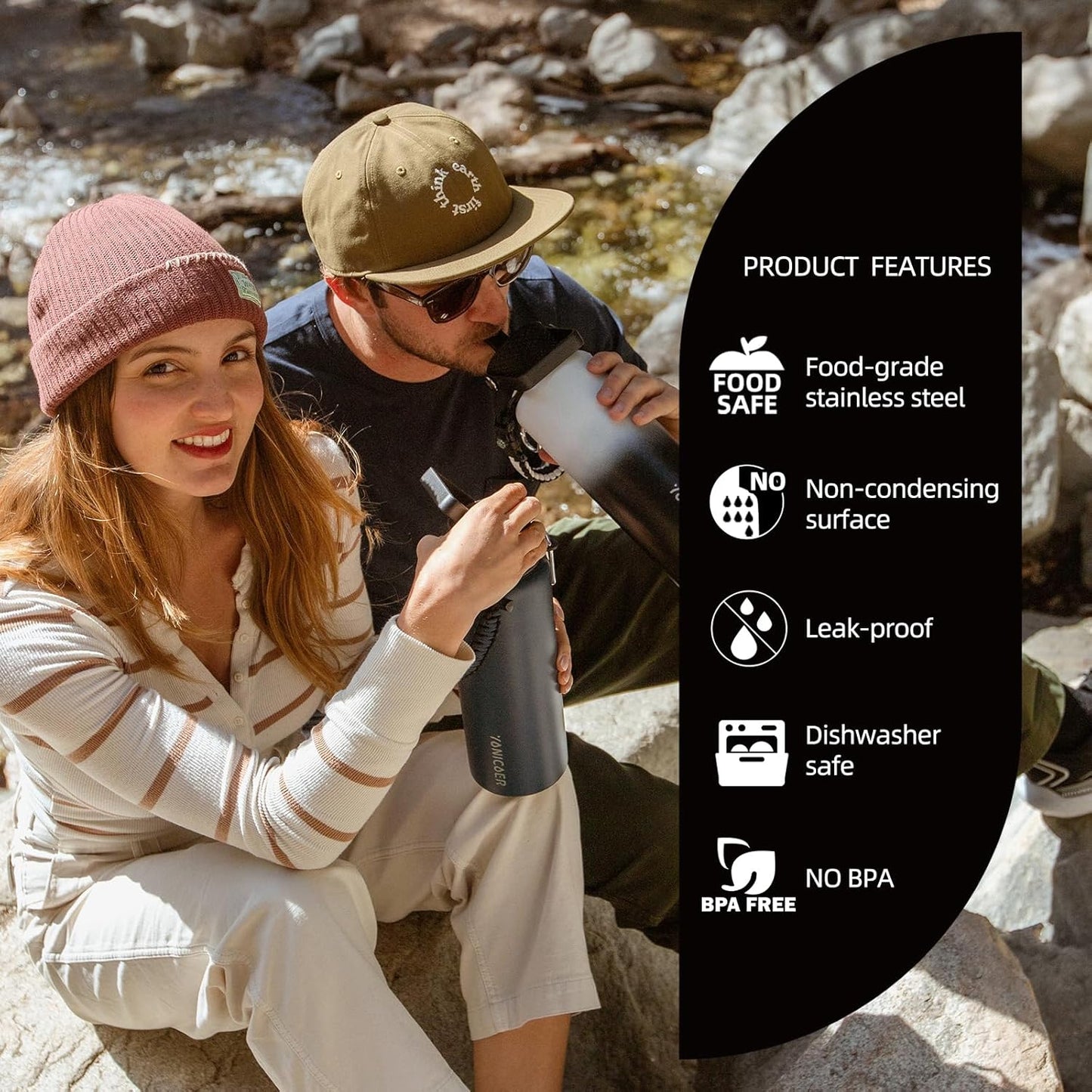 Insulated Water Bottle 64oz,Triple Wall Vacuum Stainless Steel(Dishwasher Safe),Leak Proof & Non-BPA,Flask Jug with Paracord Handle & Straw Spout Lids Sports