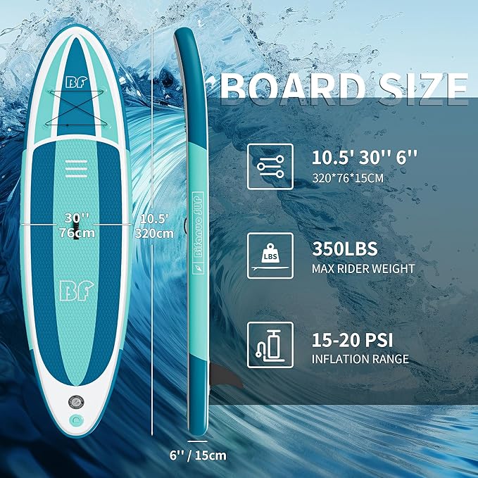 Inflatable Stand Up Paddle Board with SUP Accessories & Backpack. Paddle Boards for Adults. Non-Slip Deck, Wide Stance, Bottom Fin, Double Action Pump.