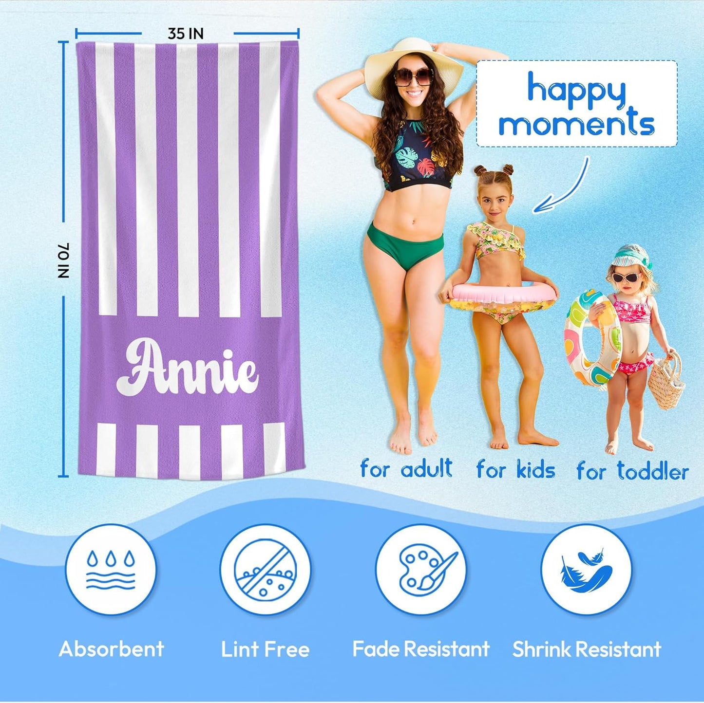 JML Personalized Beach Towel with Name, Custom Cabana Stripe Beach Towel, Customized Microfiber Pool Towel, Quick Dry & Absorbent Swim Towel for Adult,Mother's Day, Birthday, Summer Holiday,Vacation