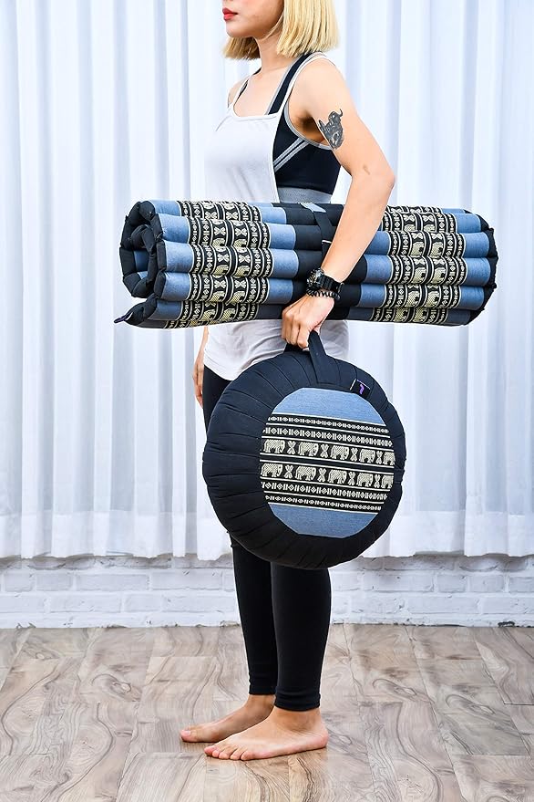 Leewadee Meditation Cushion Set – 1 Round Zafu Meditation Pillow and 1 Square Roll-Up Zabuton Meditation Mat, Pillows Bundle Filled with Kapok