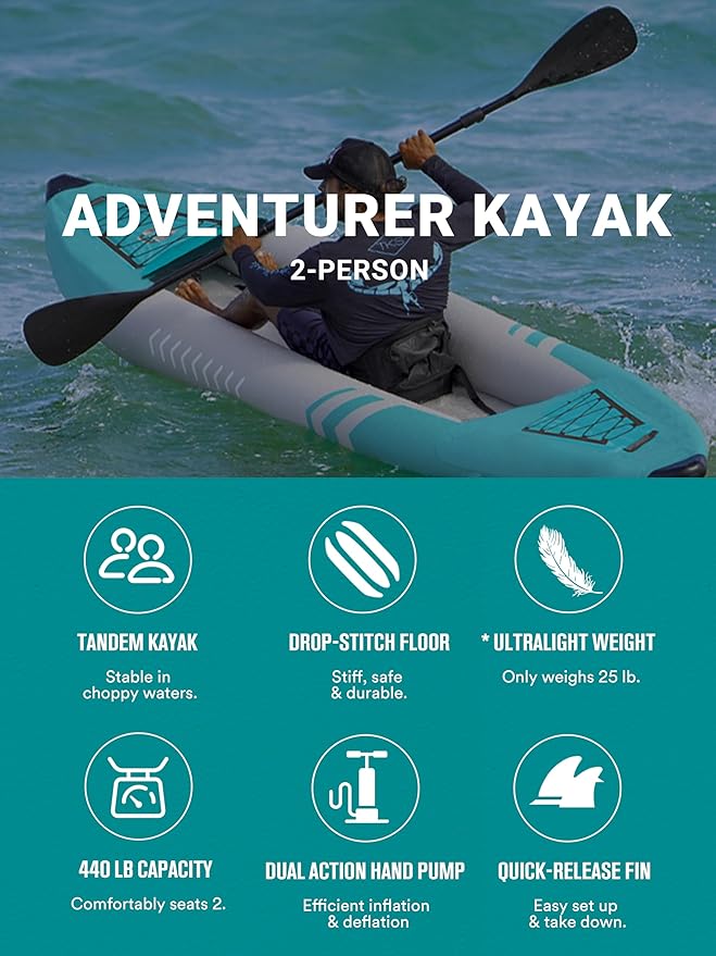 Inflatable Kayak 2 Person Adult - BEYOND MARINA Tandem Kayak with Drop Stitch Floor, Touring Kayak with Aluminum Paddles, Seats, Footrests, Pump, Fins, Adventurer 12.5ft