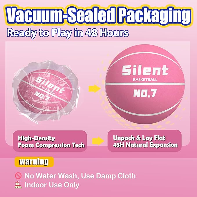 2025 Upgraded Silent Basketball Size 7 - Indoor Noiseless Airless Foam Basketball, Quiet Dribble Dream Training Ball with Soft Soundless Bounce-Pink